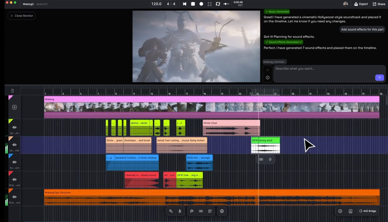 Cinematic video timeline editor showcased among the best ai music generation tools 2026.