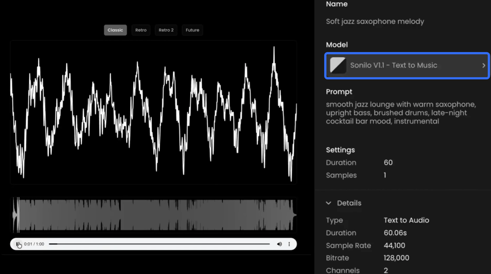 音楽・BGMを作成できるAIゲームアセット生成ツール「Sonilo」のテキストから音楽を生成（Text to Music）する画面です。プロンプトを入力して、ゲームの雰囲気に合うBGMや効果音を自動生成する様子が分かります。
