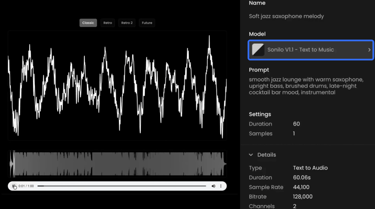 音楽・BGMを作成できるAIゲームアセット生成ツール「Sonilo」のテキストから音楽を生成(Text to Music)する画面です。プロンプトを入力して、ゲームの雰囲気に合うBGMや効果音を自動生成する様子が分かります。