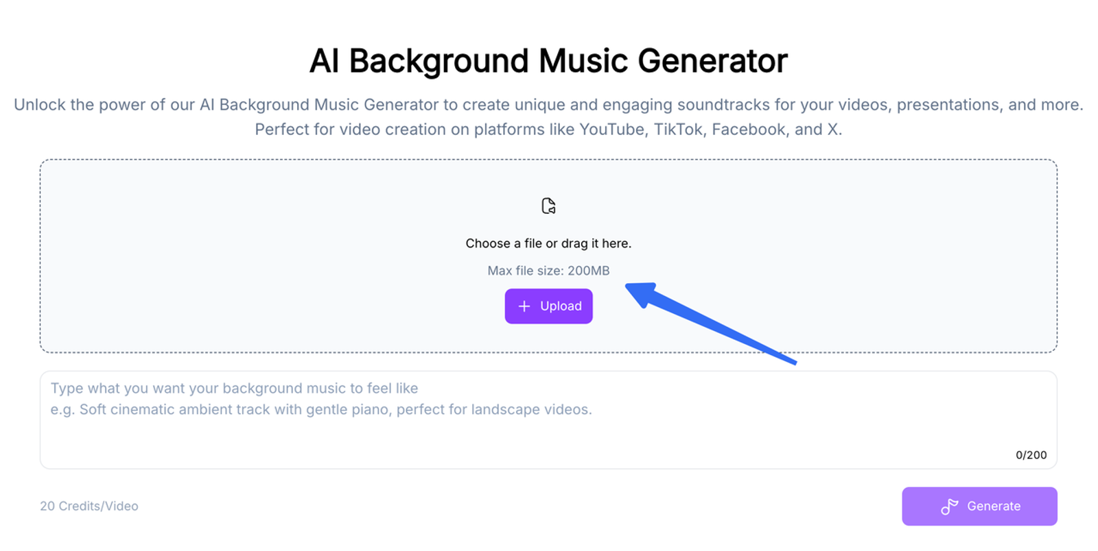 Upload feature on the Remusic AI music generator platform for creating engaging background soundtracks for video projects.