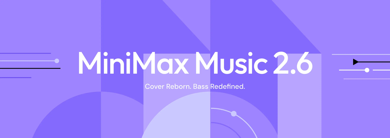 高品質なAI音楽生成を実現するMiniMax Music 2.6の公式プロモーションバナー画像です。「Cover Reborn. Bass Redefined.」というキャッチコピーが配置されており、機能の進化と低音の強化をアピールしています。
