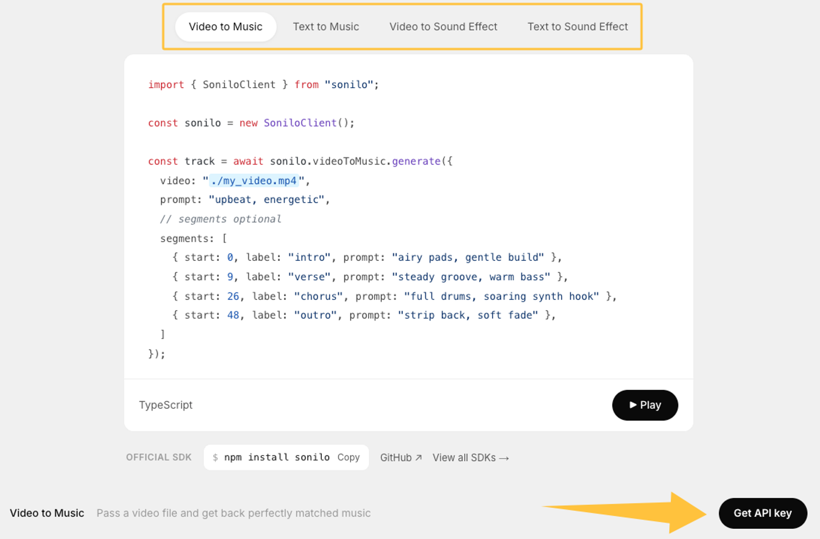 Code snippet of Sonilo API, one of the best ai music generation platforms 2026 for video syncing.