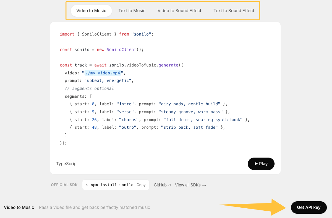 Code snippet of Sonilo API, one of the best ai music generation platforms 2026 for video syncing.