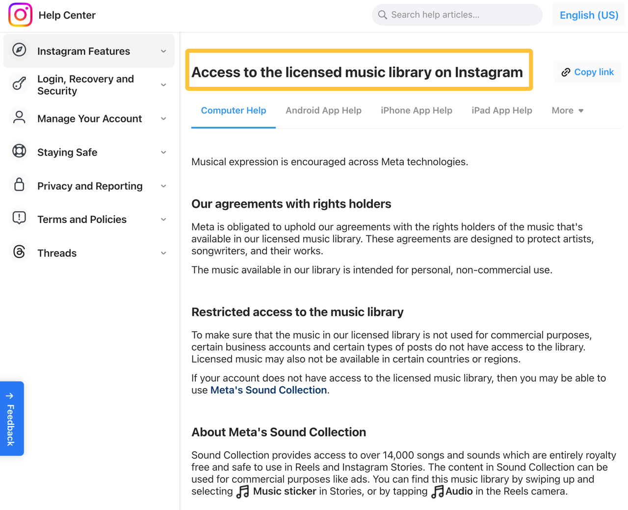 Instagram help page about licensed tracks for users learning how to make a video in instagram with music.