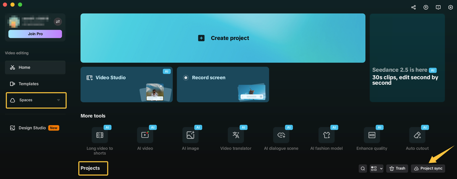 CapCut homepage showing navigational options to find a project and learn how to add music to your videos.