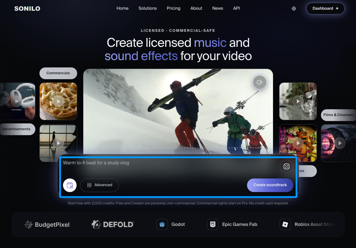 Sonilo website interface generating custom AI soundtracks to perfectly match your DJI Osmo music and video projects.