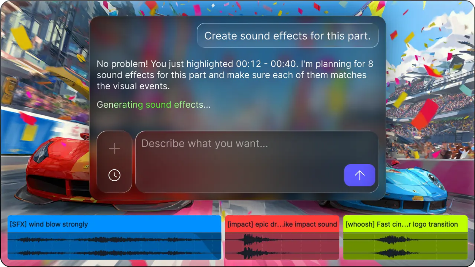 Our Suno vs ACE Studio guide highlights generating specific sound effects for highlighted visual events on the timeline.