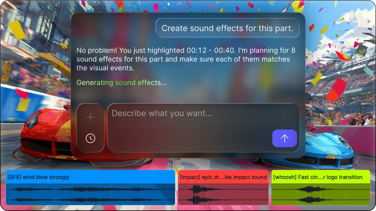Our Suno vs ACE Studio guide highlights generating specific sound effects for highlighted visual events on the timeline.