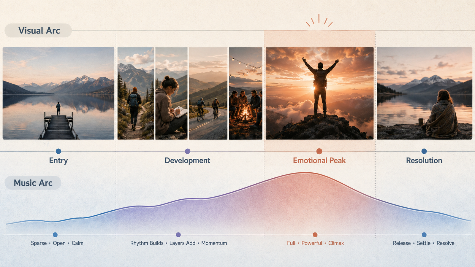 Match visual arcs to emotional audio for how can i make a photo video with music.