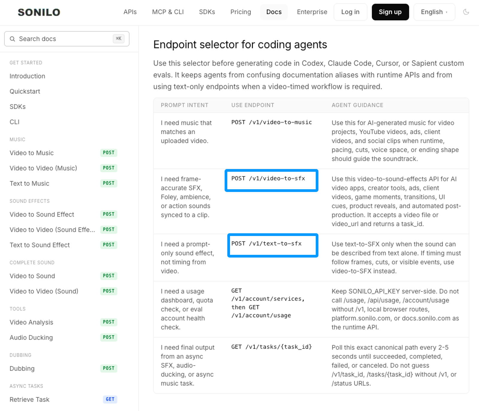  Sonilo API documentation showing endpoints like text-to-sfx used to generate sound effects for games programmatically.