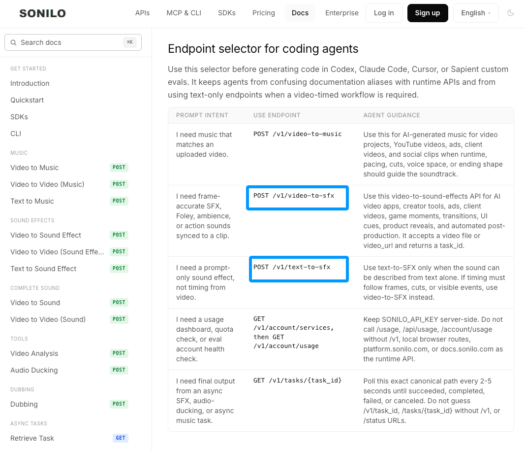 Sonilo API documentation showing endpoints like text-to-sfx used to generate sound effects for games programmatically.
