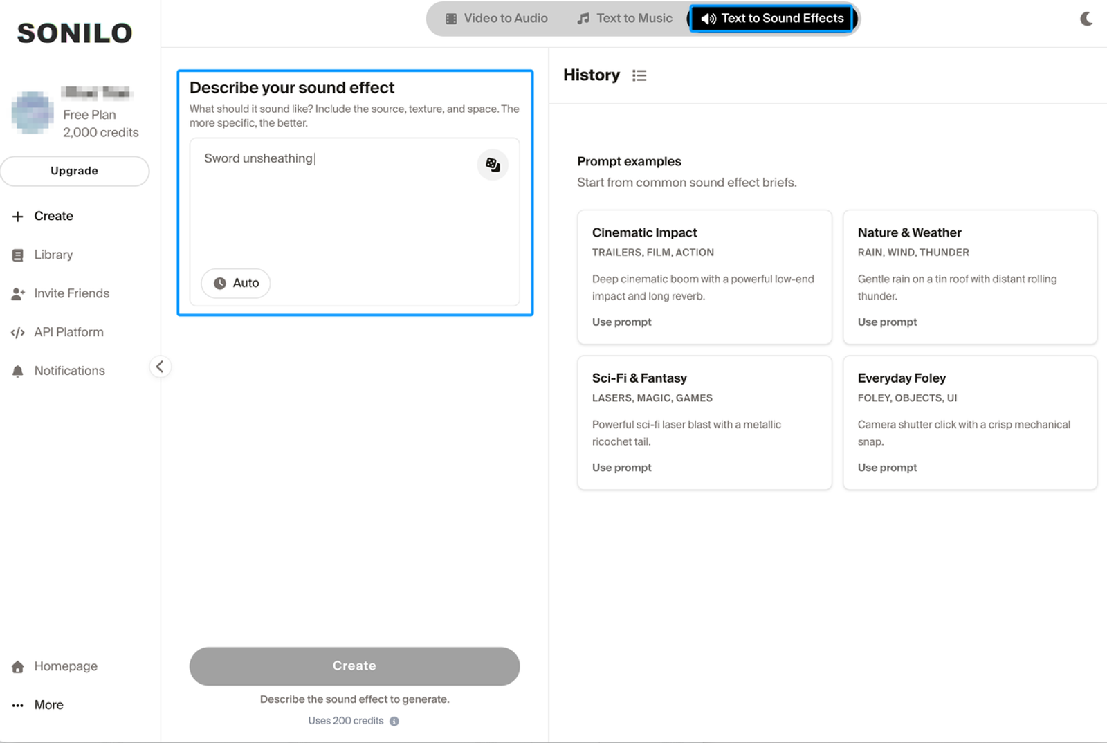 Sonilo AI text-to-audio generator interface used for creating custom and funny sound effects for videos via prompts.