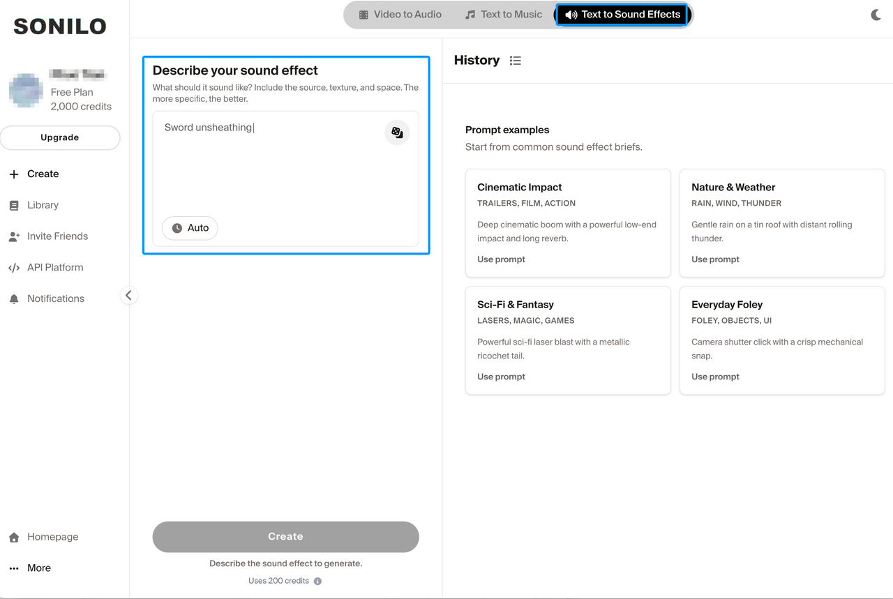 Sonilo AI text-to-audio generator interface used for creating custom and funny sound effects for videos via prompts.