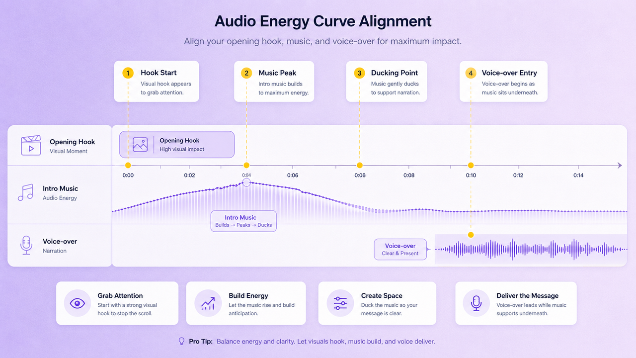 Visual timeline detailing four key alignment steps for video intros: Hook Start, Music Peak, Ducking Point, and Voice-over Entry.