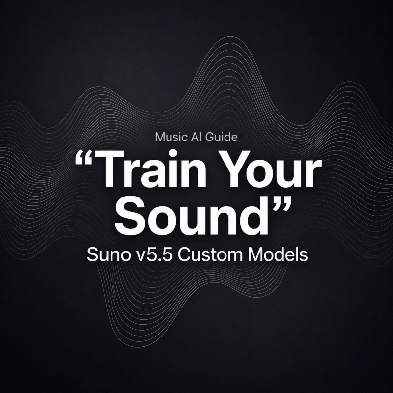 Title card for a music AI guide on how to train your sound using suno v5.5 custom models with abstract sound waves.
