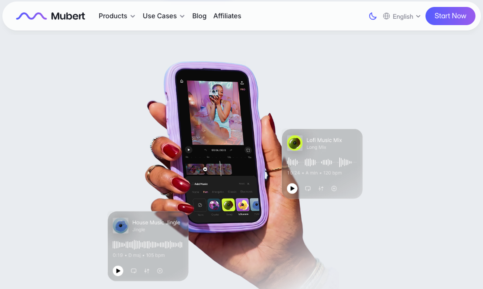 Mobile view of Mubert, widely recognized as one of the best AI music generators for games on the market.