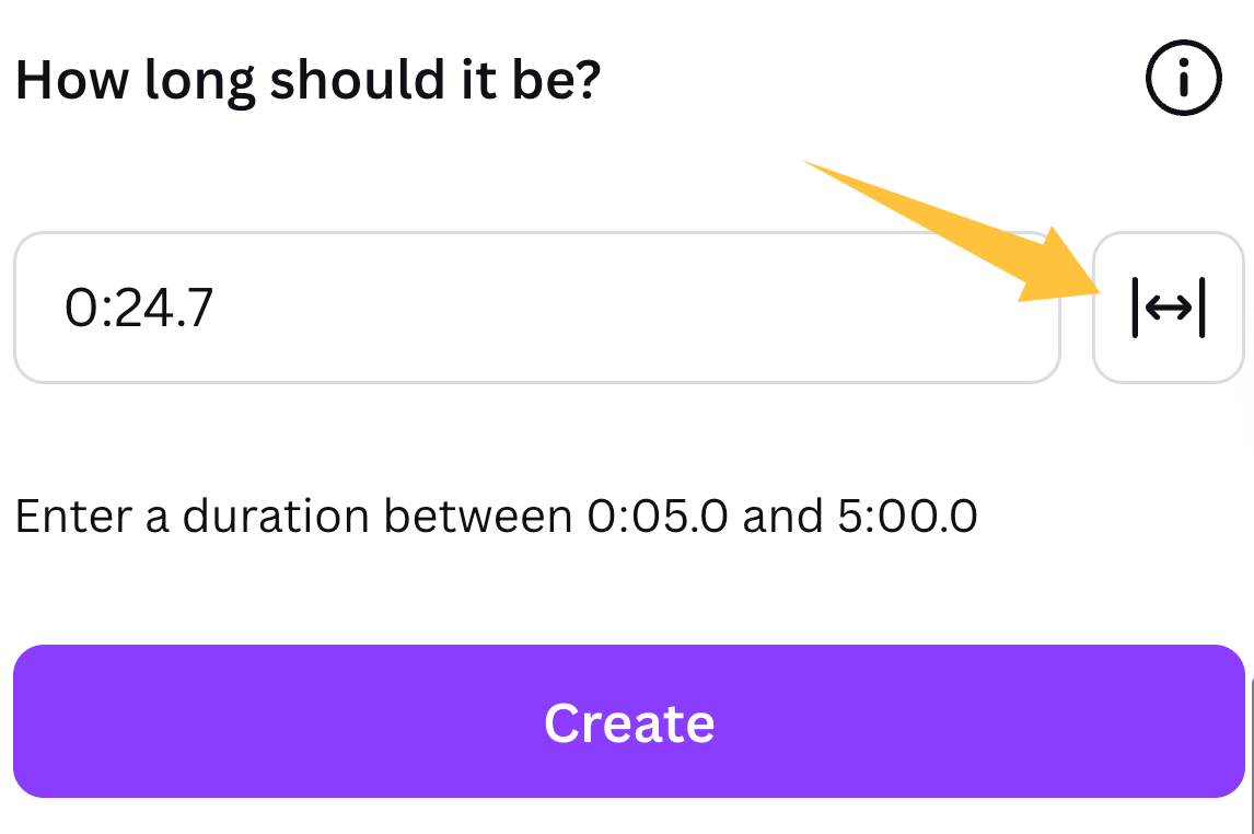 Setting the exact track duration before clicking create in the Canva AI music generator.