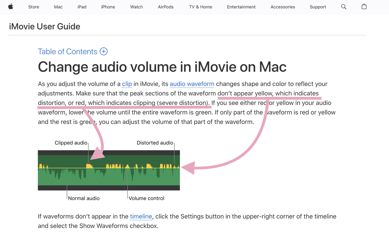 Official Apple Support guide showing how to adjust audio volume in iMovie on Mac and prevent audio distortion and clipping.