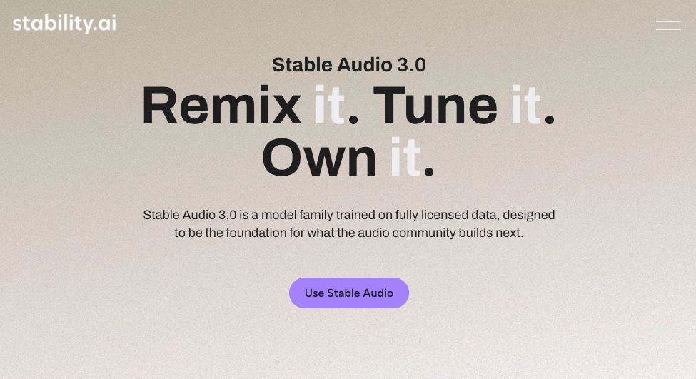 Stable Audio 3.0 landing page, ranked among best ai music generation platforms 2026.