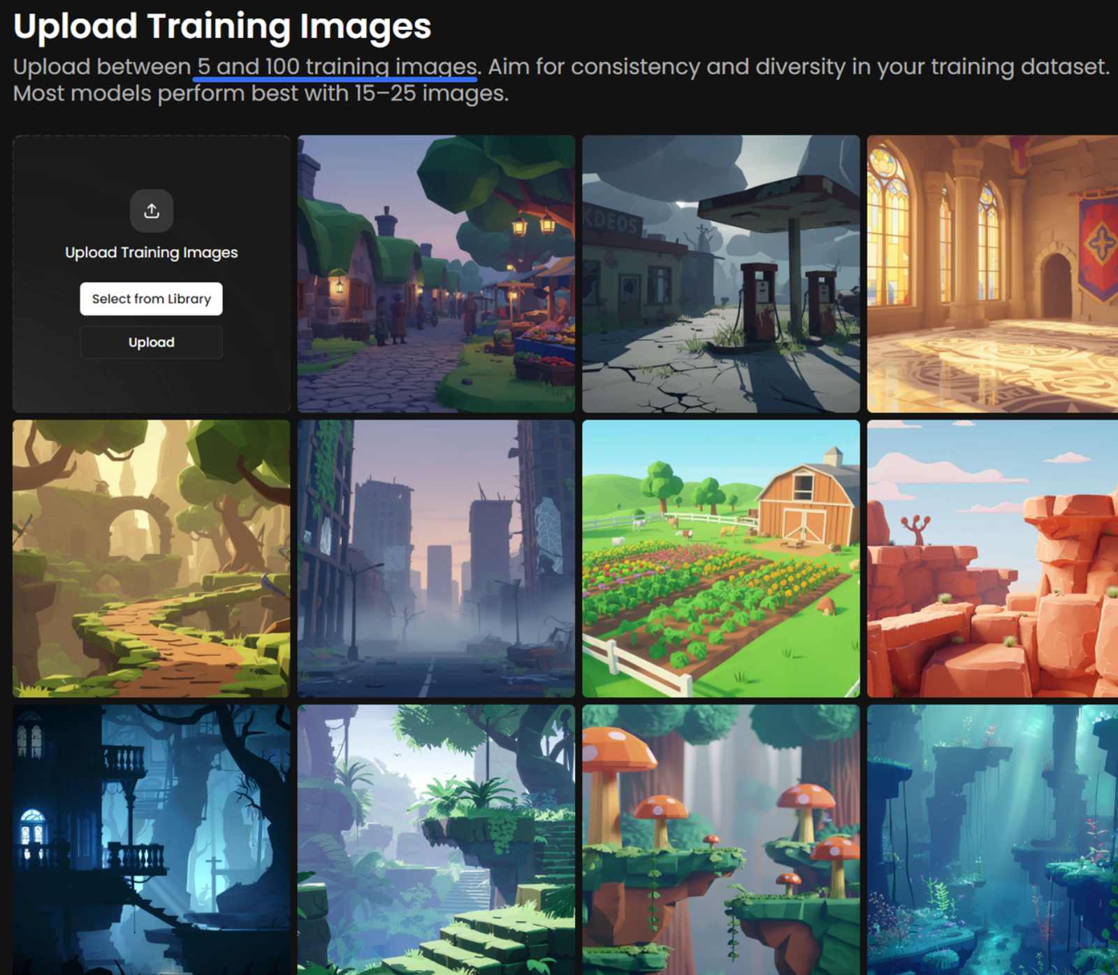 AIゲームアセット生成ツールの画像学習（トレーニング）画面と、生成された多彩なゲーム背景アセットのサンプル画像です。少数の画像をアップロードするだけで、様々な世界観に合わせた高品質なアセットが生成できることを示しています。