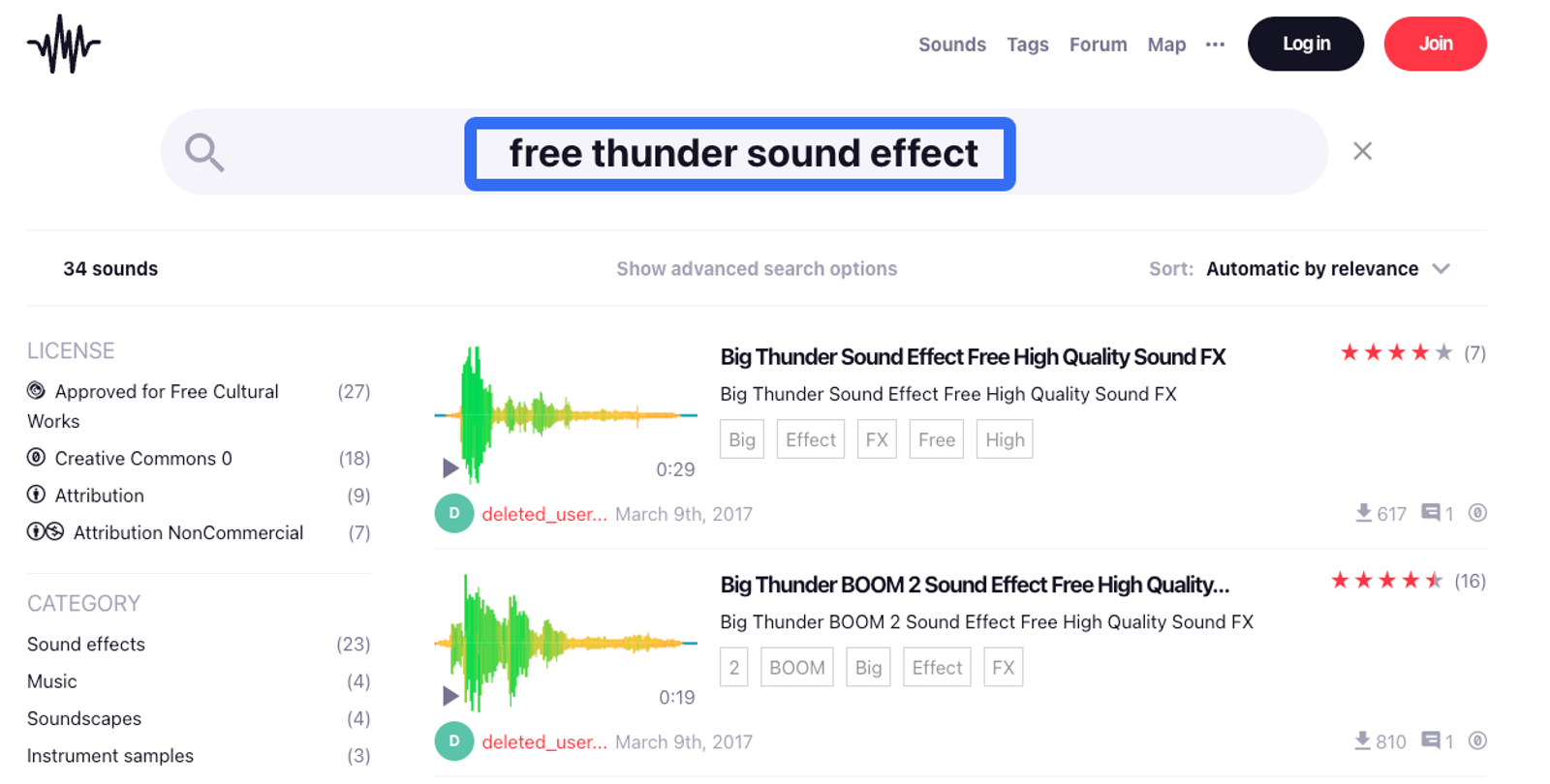  A screenshot of FreeSound.org website with a blue box highlighting the search query 'free thunder sound effect'.