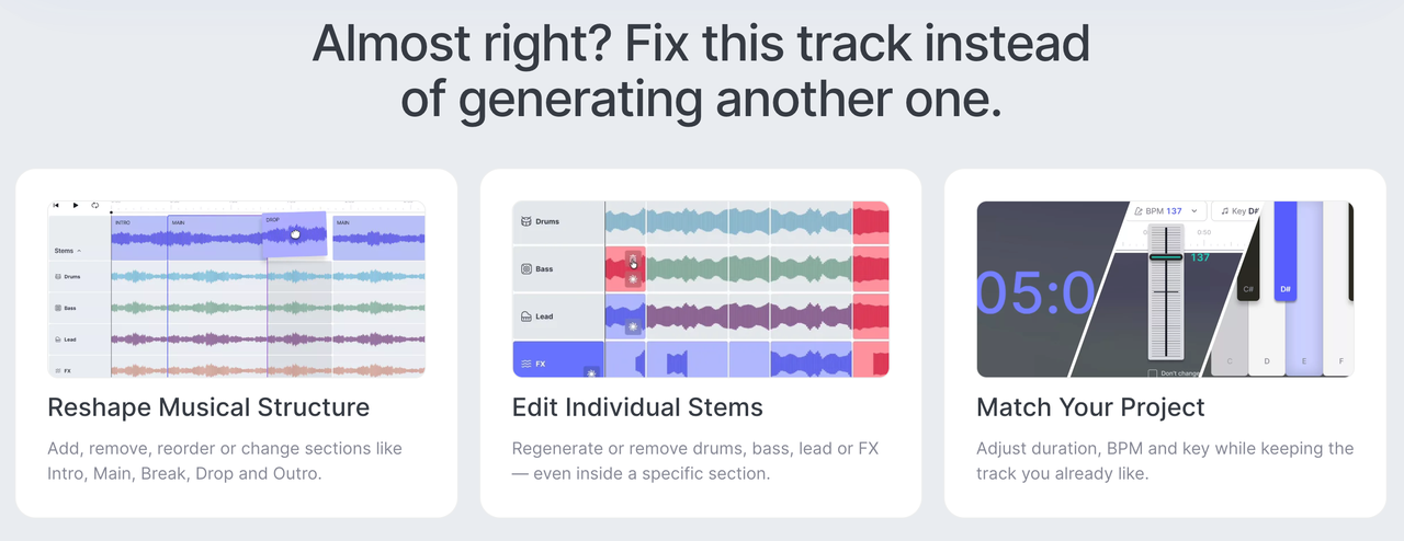 Our in-depth mubert ai review highlights the track editor, allowing users to edit stems and reshape musical structure.