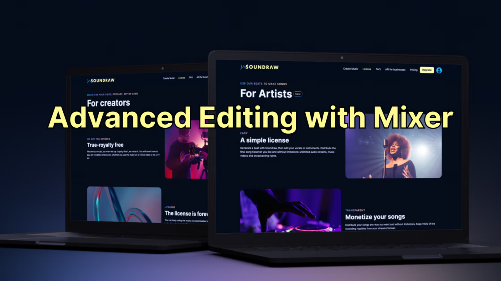 Two laptops displaying Soundraw AI music generator interfaces, highlighting advanced editing with mixer for artists.