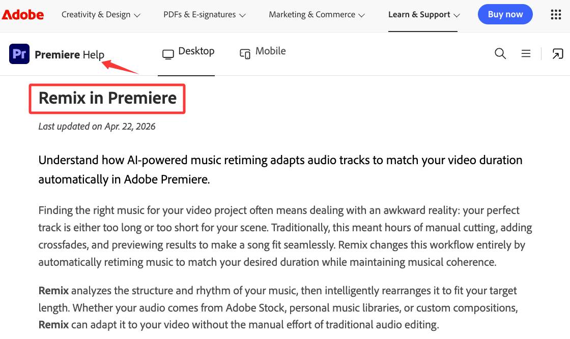 Adobe Premiere help page detailing the Remix tool, a smart alternative to a basic random melody generator for video.