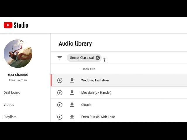 YouTube Studio Audio Library interface showing how to filter for classical music sound effects for YouTube videos.