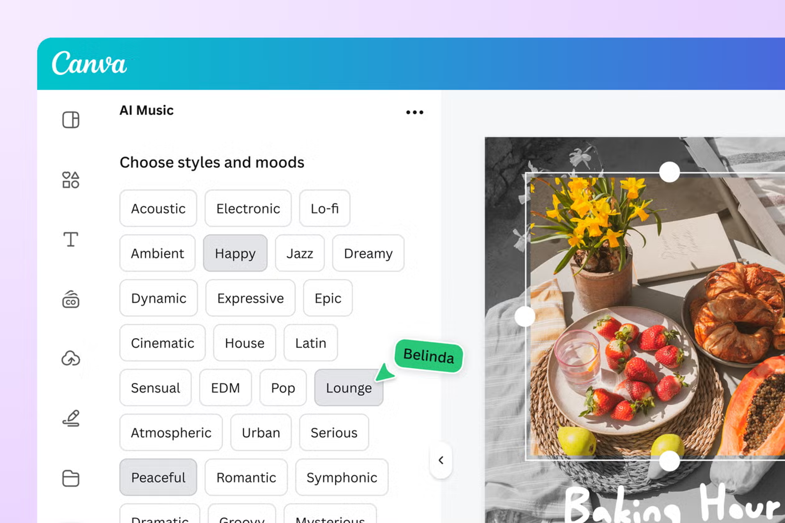 Selecting styles and moods like Lounge in the Canva AI music generator interface.