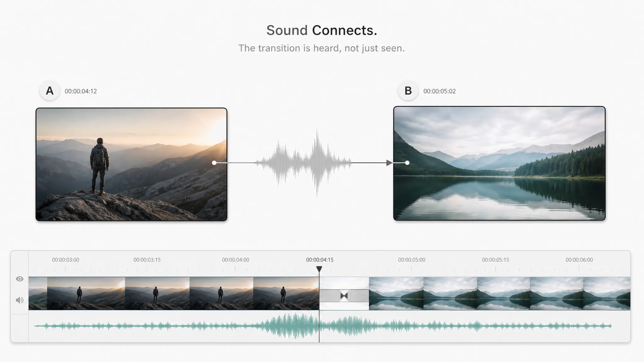 Diagrams show how a transition effect sound waveform bridges two video scenes.