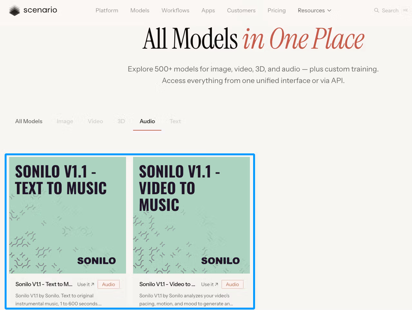 Sonilo text-to-music models, featured as the best AI music generators for games on the Scenario platform.