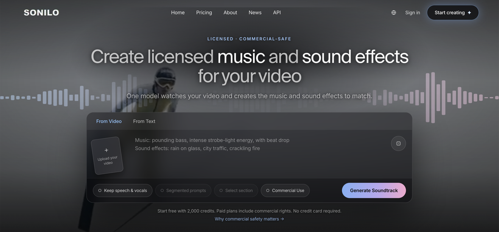 Dark-mode Web UI for Sonilo AI showing video-to-music generation prompt controls and soundtrack creation options.