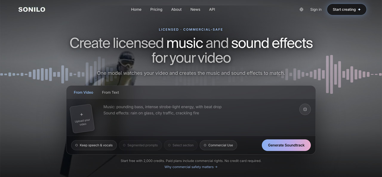 Dark-mode Web UI for Sonilo AI showing video-to-music generation prompt controls and soundtrack creation options.