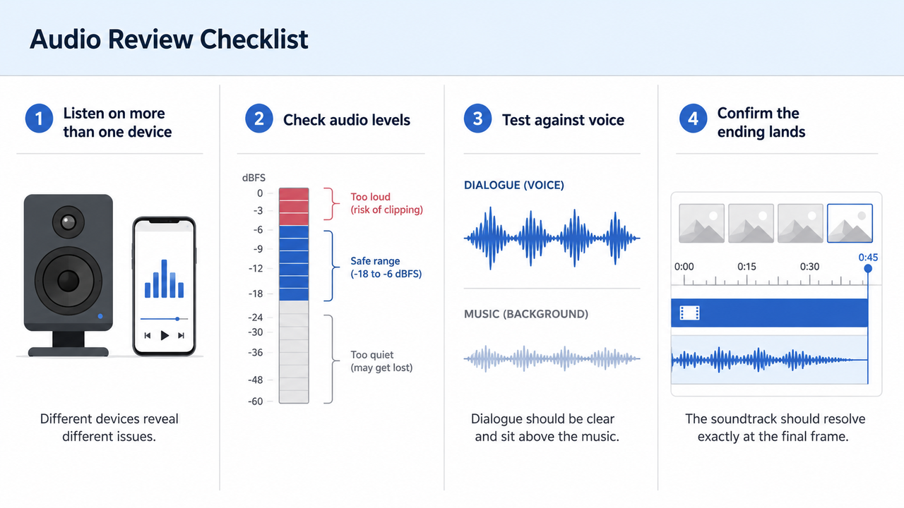 An audio review checklist showing steps to check levels and test voice when you add audio to video ai tools.