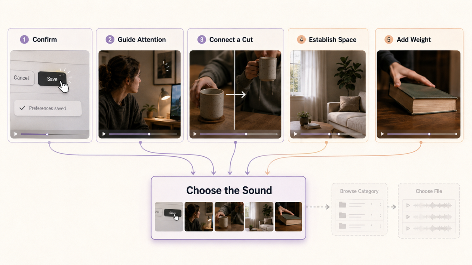 A flow diagram illustrating the five steps to choose sound effects for YouTube videos, using various video scene examples.