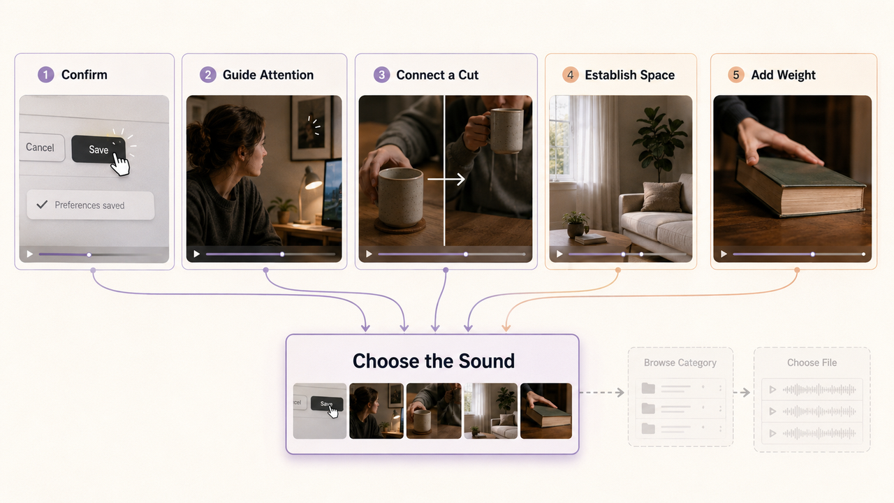 A flow diagram illustrating the five steps to choose sound effects for YouTube videos, using various video scene examples.