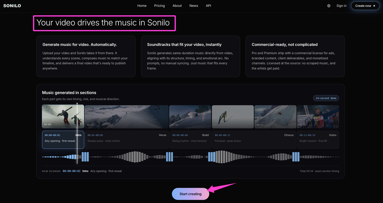 Screenshot of the Sonilo interface showing automated transition effect sound and music generation.