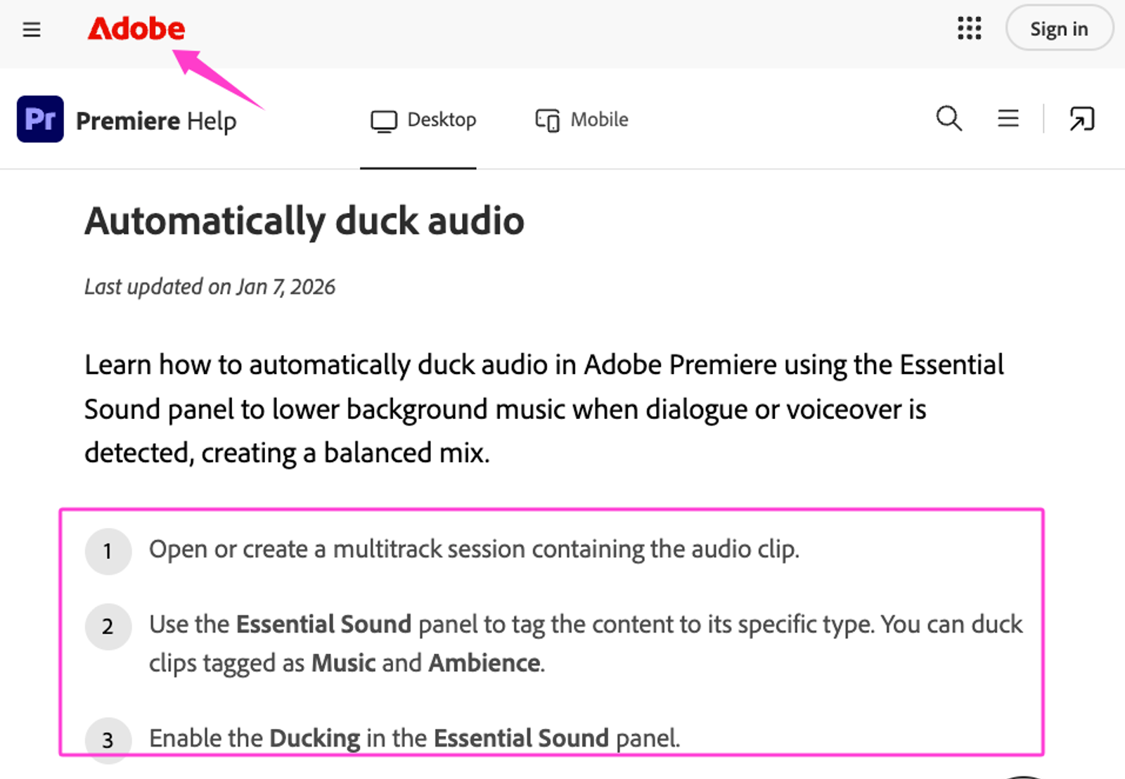 Instructions for automatically ducking audio during a transition effect sound in Premiere.
