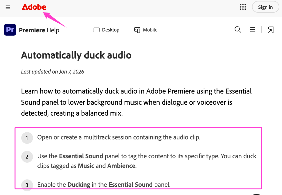 Instructions for automatically ducking audio during a transition effect sound in Premiere.