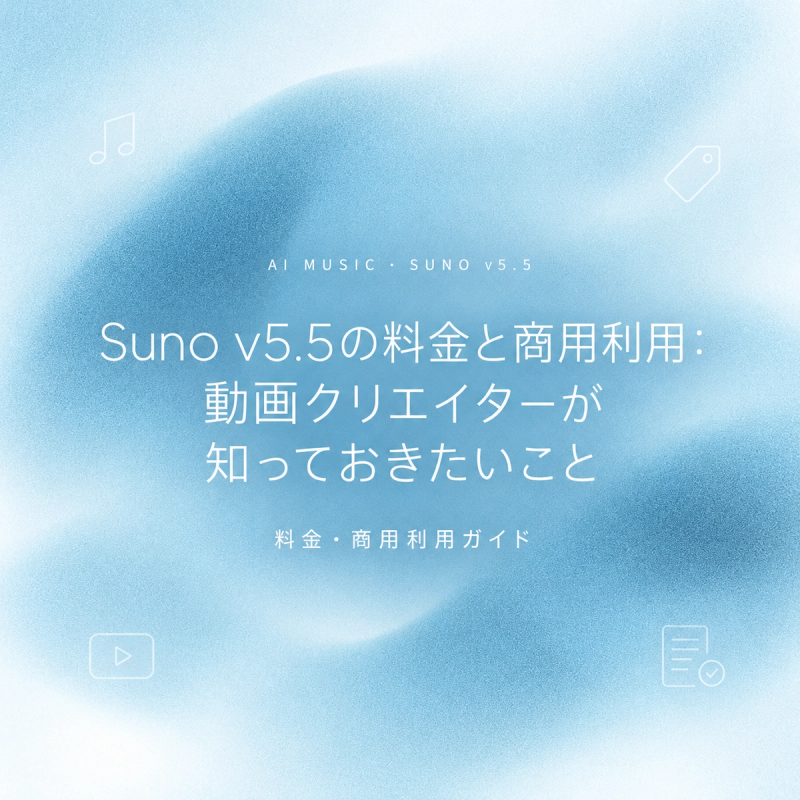 音楽生成AI「Suno v5.5」の料金プランと商用利用に関するガイドの表紙画像。動画クリエイターが知っておくべきSuno v5.5 料金 商用利用のポイントを解説する記事のアイキャッチ画像です。