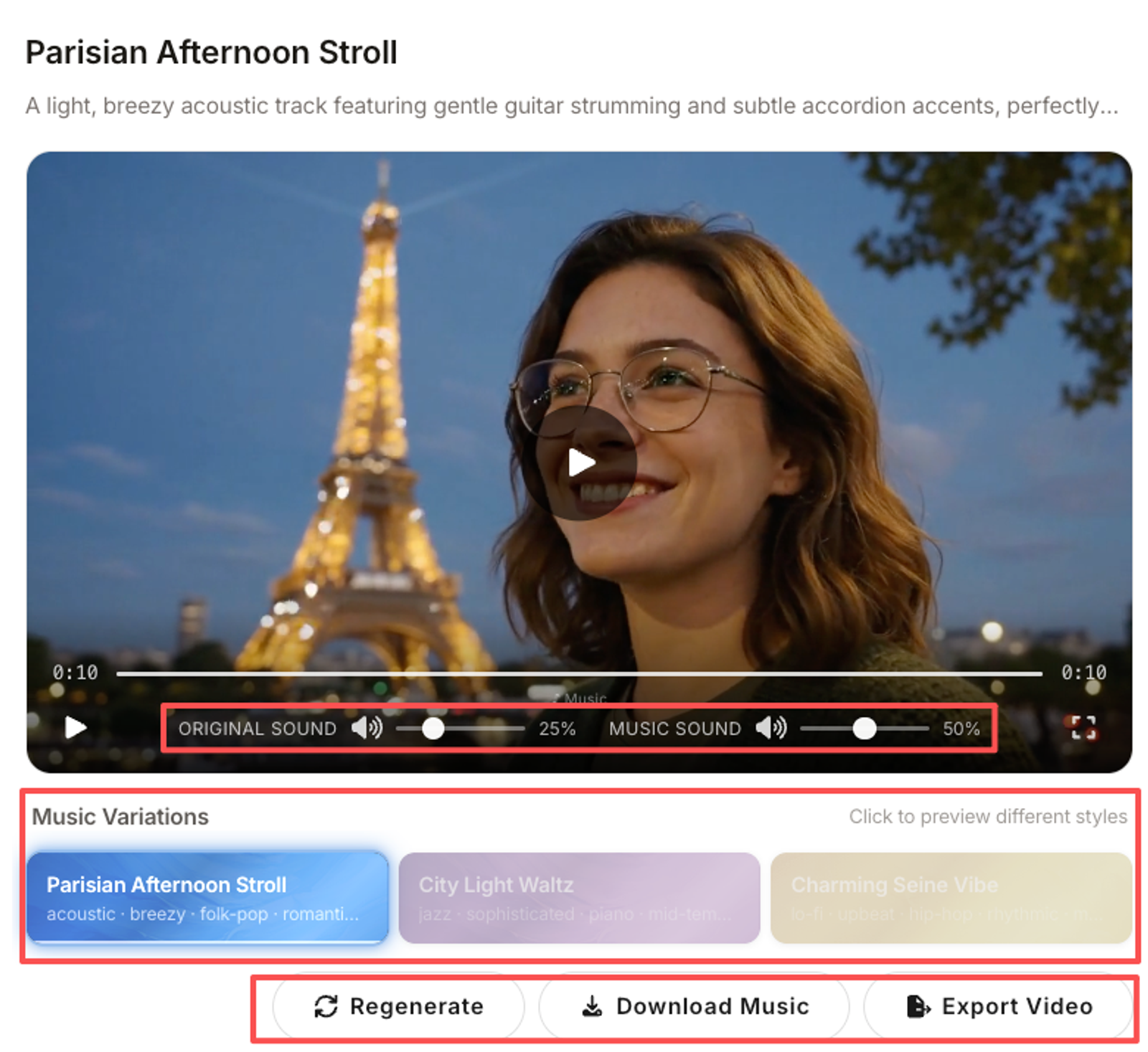 Learn how to add music for video by adjusting AI generated variations and mixing original sound with new audio tracks.