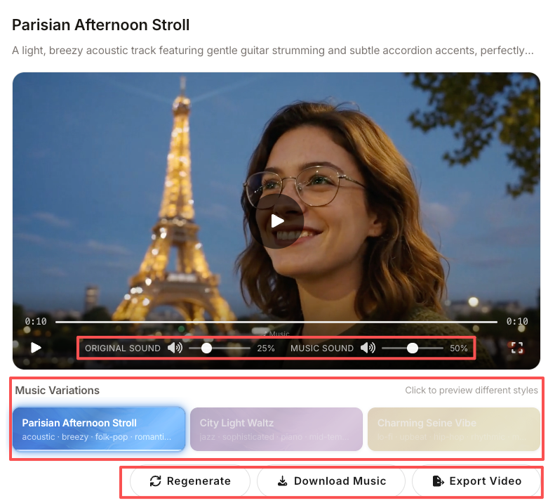 Learn how to add music for video by adjusting AI generated variations and mixing original sound with new audio tracks.