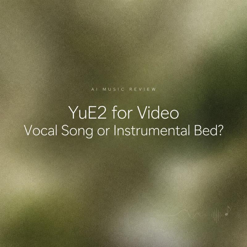 AI music review graphic asking if yue2 for video is better for vocal songs or instrumental beds.