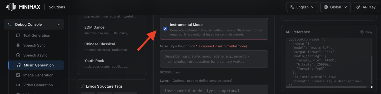 MiniMax Music Generation interface with a red arrow pointing to the checked "Instrumental Mode" checkbox, paired with an API Reference panel showing the JSON payload configured with "model": "music-3.0" and "is_instrumental": true.