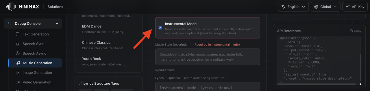 MiniMax Music Generation interface with a red arrow pointing to the checked "Instrumental Mode" checkbox, paired with an API Reference panel showing the JSON payload configured with "model": "music-3.0" and "is_instrumental": true.