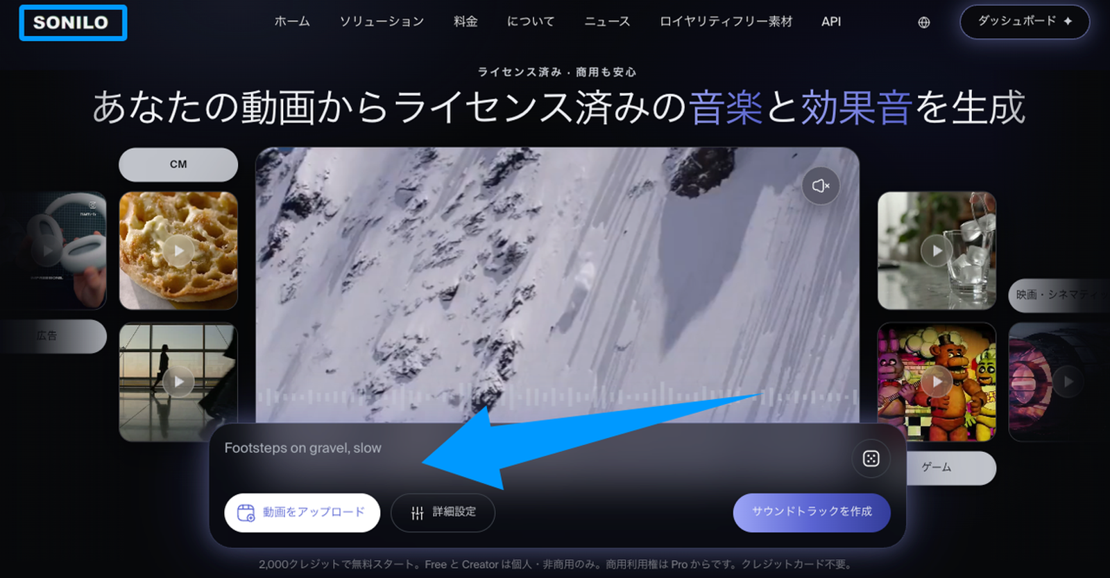 Soniloのダッシュボード画面で動画に音楽を付ける手順を示しています。ユーザーが動画をアップロードし、テキストプロンプトで希望する効果音や音楽のスタイルを入力して、ライセンス済みのオリジナルサウンドトラックを生成する操作インターフェースです。
