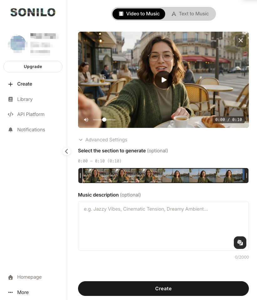 See how to add music for video using Sonilo AI interface, which generates custom audio based on your uploaded footage.