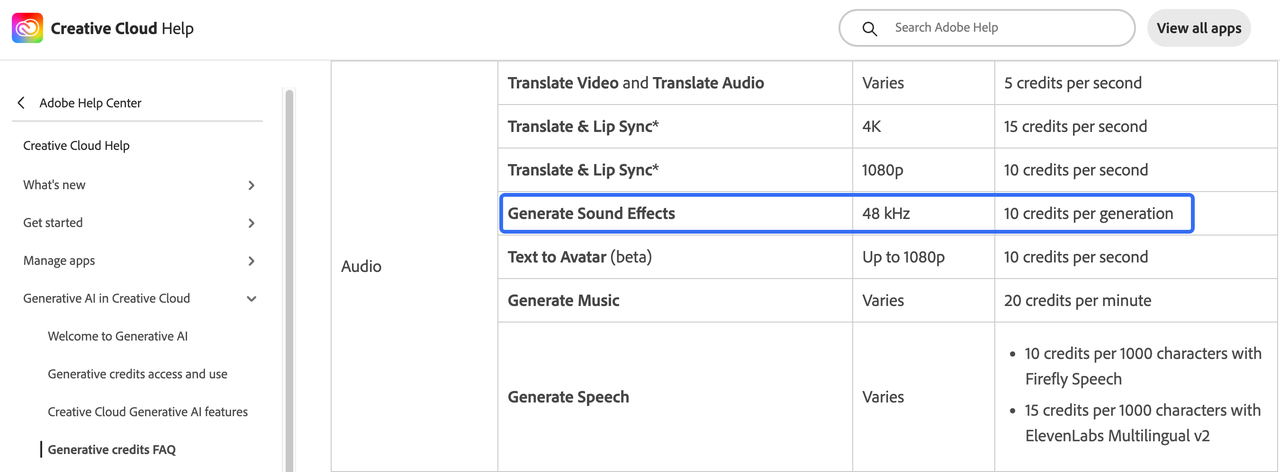 Creative Cloud help page showing the generative credit cost for creating adobe ai sound effects.
