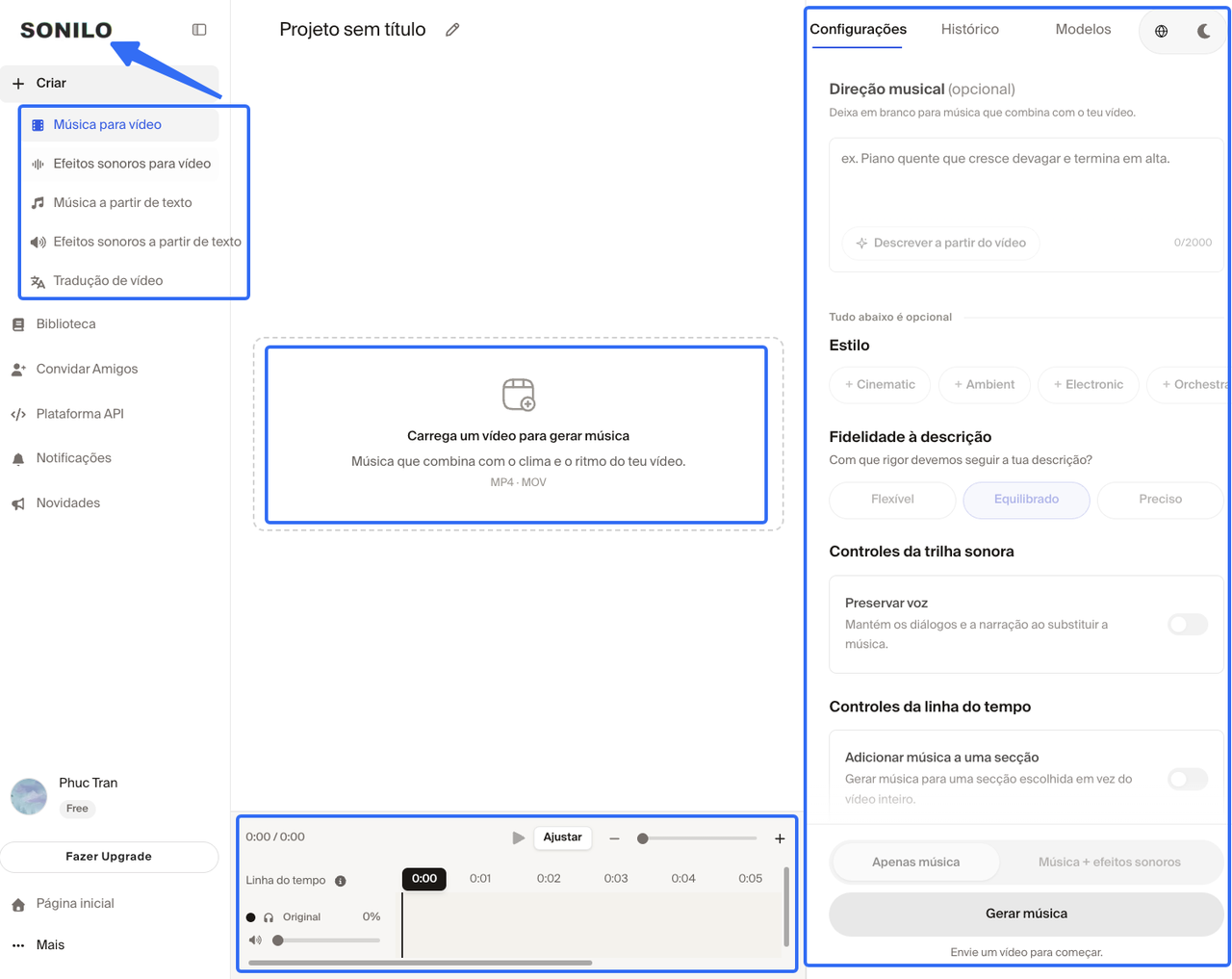 Painel do Sonilo editando vídeos com geradores de música com IA para Instagram Reels.